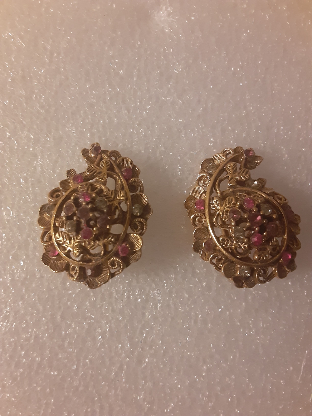 Vintage Gold-Tone Floral Filigree Earrings with Pink Accents Vintage